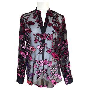 Alice + Olivia Sheer Velvet Flocked Floral Blouse Black XS